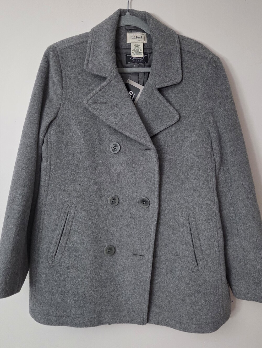 L.L. Bean Wool Pea coat Gray Womens 16 Regular NWT Anchor Buttons